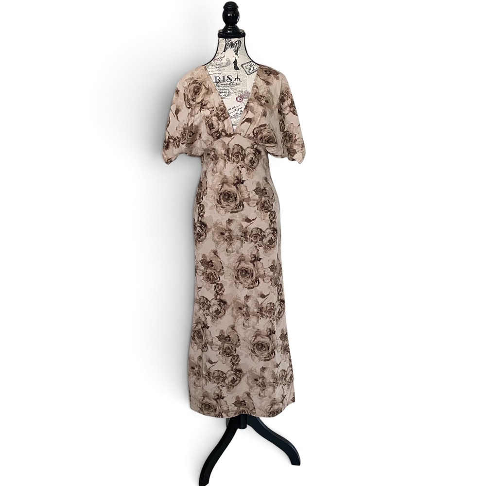 By Together Maxi Dress Womens Small Light Mocha Floral V-Neck Ethereal Boho New